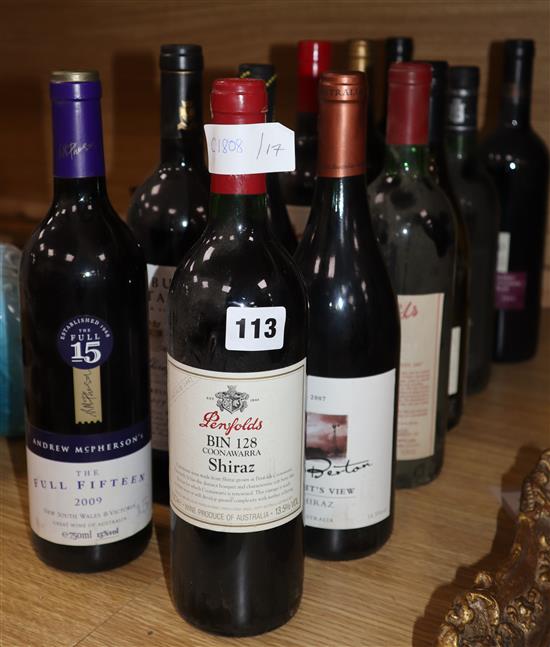 Twelve assorted Australian wines, Penfolds bin 128 shiraz, 1997 etc